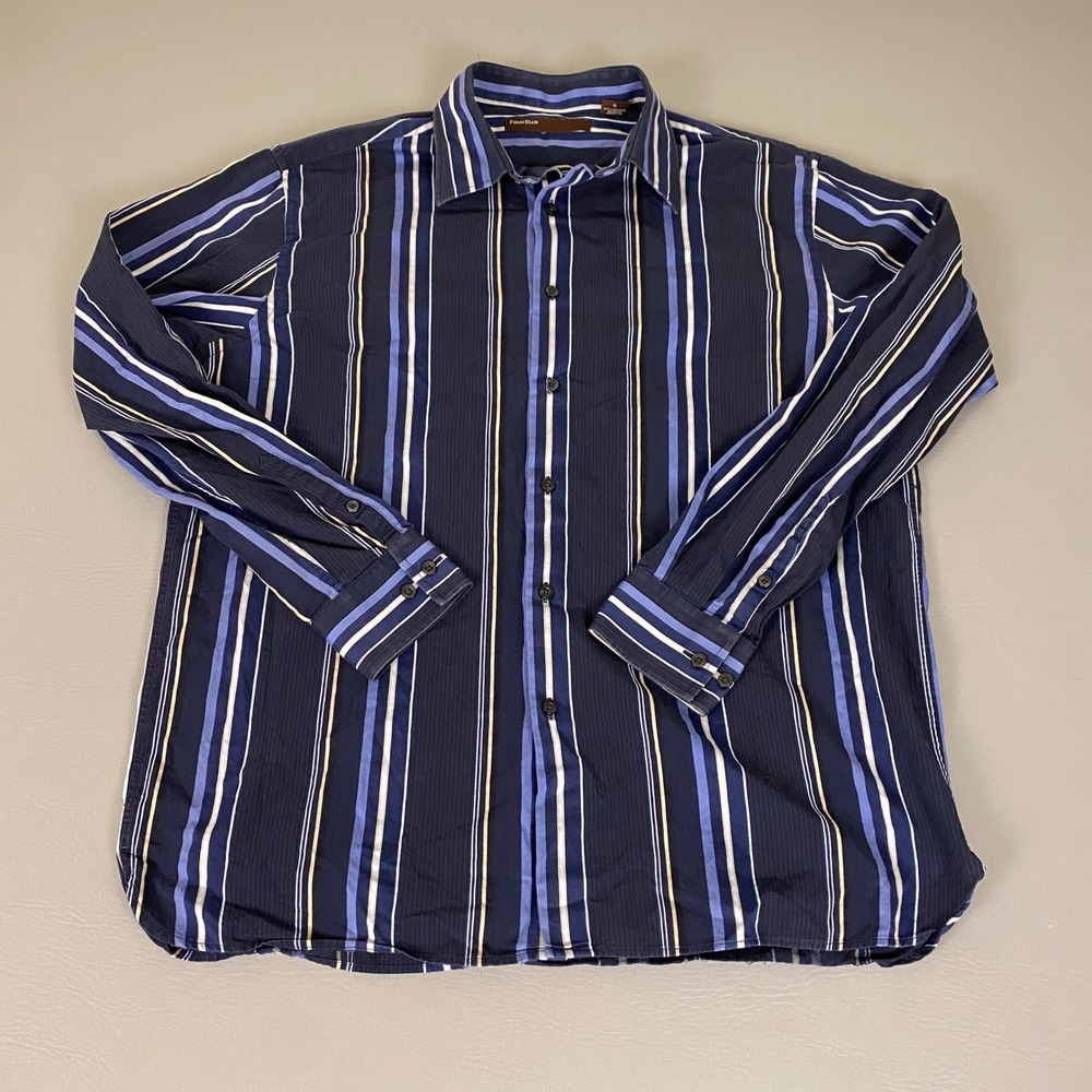 Perry Ellis Button Up Shirt Men's Size Large Blue Beige Striped Long Sleeve